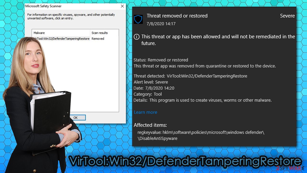 VirTool:Win32/DefenderTamperingRestore virus VirTool:Win32/DefenderTamperingRestore virus