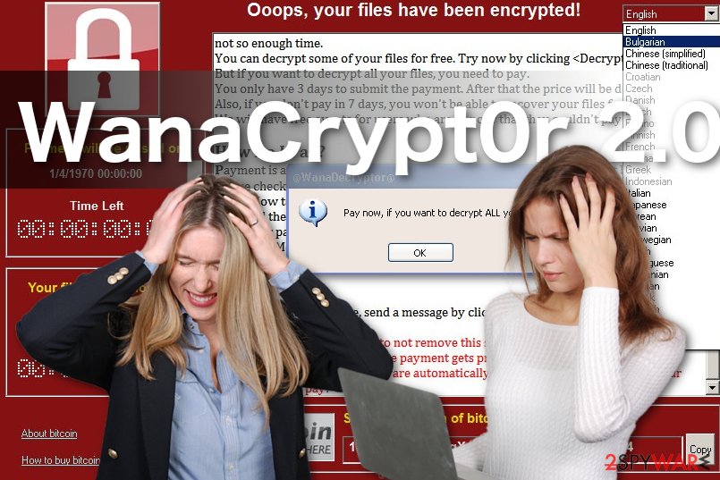 Image of the WanaCrypt0r 2.0 ransomware virus Image of the WanaCrypt0r 2.0 ransomware virus