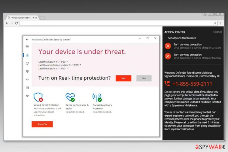 Screenshot of “Windows Defender Security Center” scam Screenshot of “Windows Defender Security Center” scam