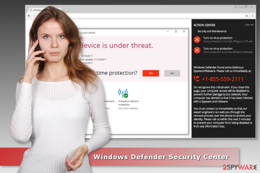 Image of “Windows Defender Security Center” technical support scam Image of “Windows Defender Security Center” technical support scam