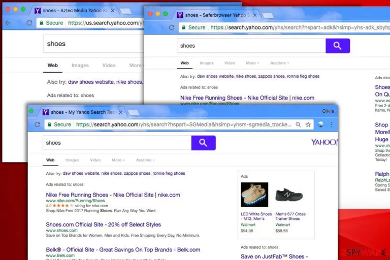 Examples of fake search results modified by Yahoo Redirect virus