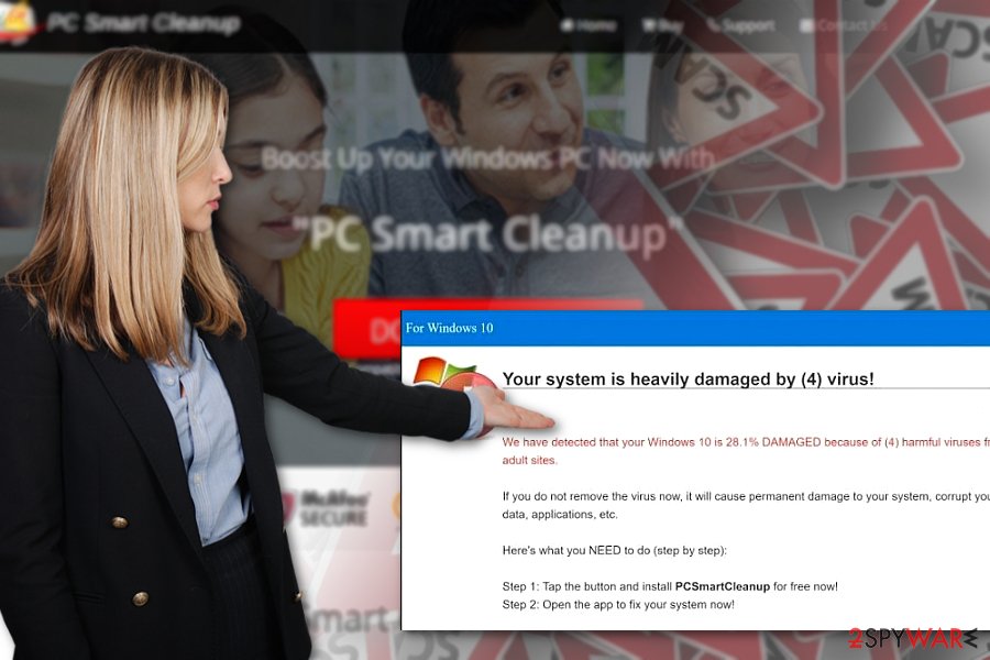 The screenshot of "Your system is heavily damaged by (4) virus!" The screenshot of "Your system is heavily damaged by (4) virus!"