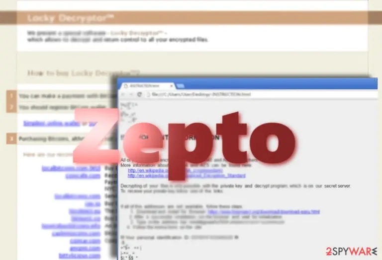 Screenshot of Zepto virus ransom note and payment site